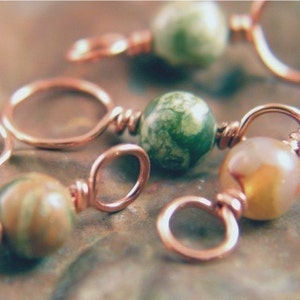 RAINFOREST -Knitting Stitch Markers, Copper and Rhyolite Gemstone - Set of 4 Dual Duty