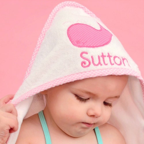 New Born Embroided Personalised Gift Christening Baby Hooded Towel ANY NAME DOB 