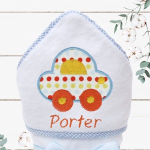 Baby Shower Gift Baby Boy Gift Monogrammed Hooded Baby Towel Personalized Baby Towel Car Nursery Toddler Bath Towel Newborn gift image 1