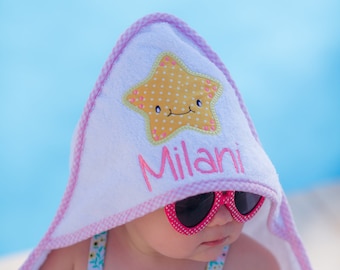 Personalized Hooded Baby Beach Towel, Starfish Bath Towel, Baby Girl Shower Gift