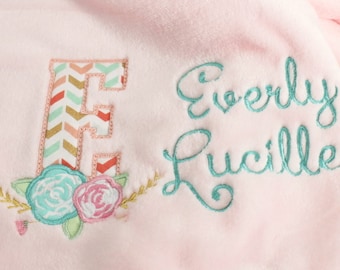 Personalized Baby Blanket - Floral Baby Blanket - Boho Baby Blanket - Embroidered Baby Blanket - Newborn Girl Gift - Floral Baby Shower