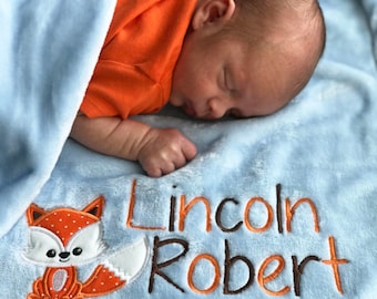 Woodland Baby Blanket Personalized, Fox Blanket Boy, Baby Blanket with Name, Embroidered Minky Baby Blanket, Baby Shower Gift Boy Blanket