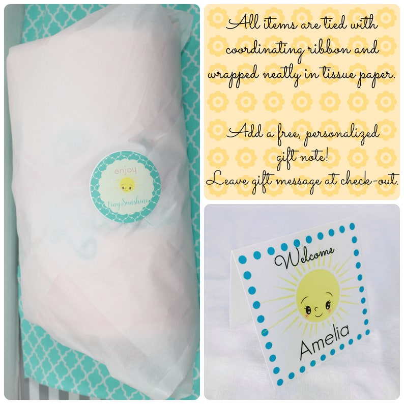 May include: A gift wrapped in white tissue paper, tied with a ribbon, and sealed with a round sticker that says "enjoy Tiny Sunshine". A welcome card with a sun graphic and the name "Amelia" is also included.