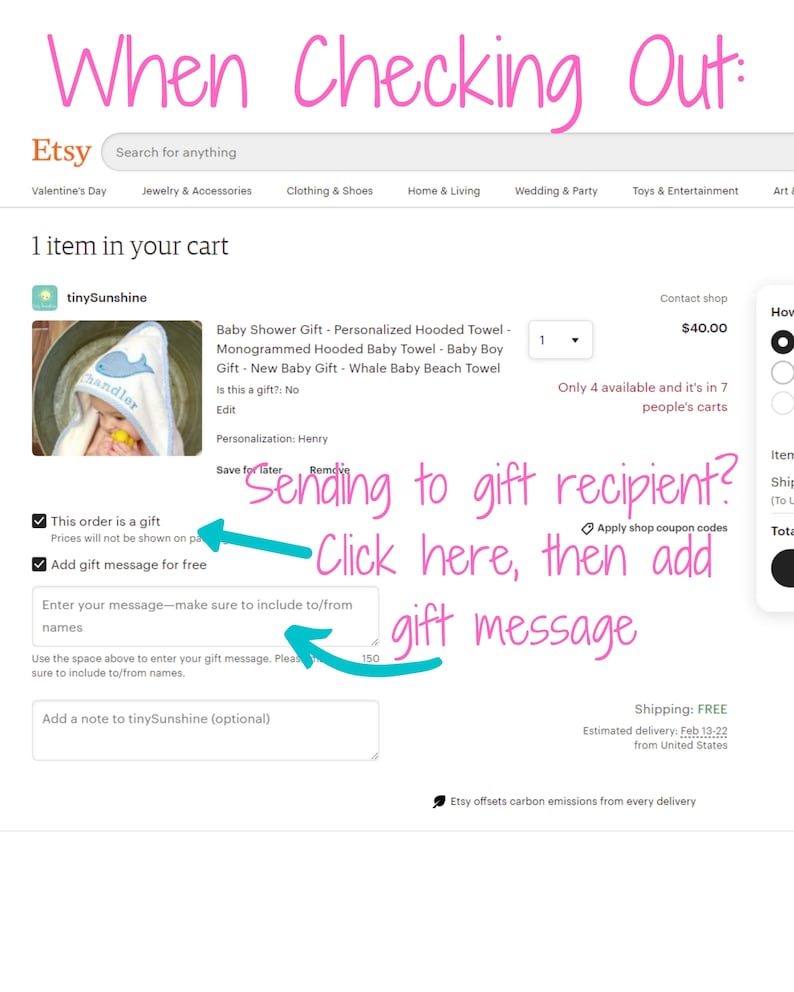 May include: Etsy checkout screen showing a baby hooded towel in a cart. Options to mark the order as a gift and add a gift message are highlighted. The text "When Checking Out" is at the top.