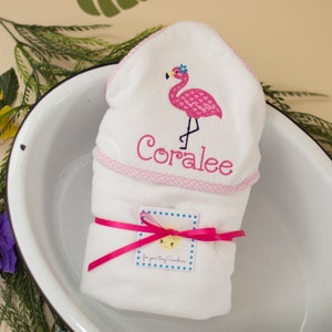 Personalized Hooded Towel for Baby Girl, Monogrammed Gift for Baby, Shower Gift Girl, Flamingo Baby Girl Beach Towel, Baby Towel Personalize image 1