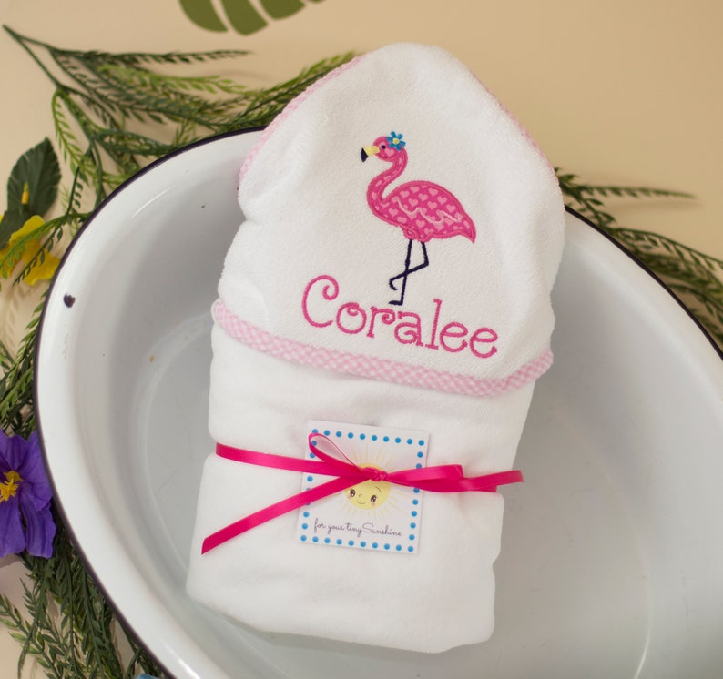 Personalized Hooded Towel for Baby Girl, Monogrammed Gift for Baby, Shower Gift Girl, Flamingo Baby Girl Beach Towel, Baby Towel Personalize image 1