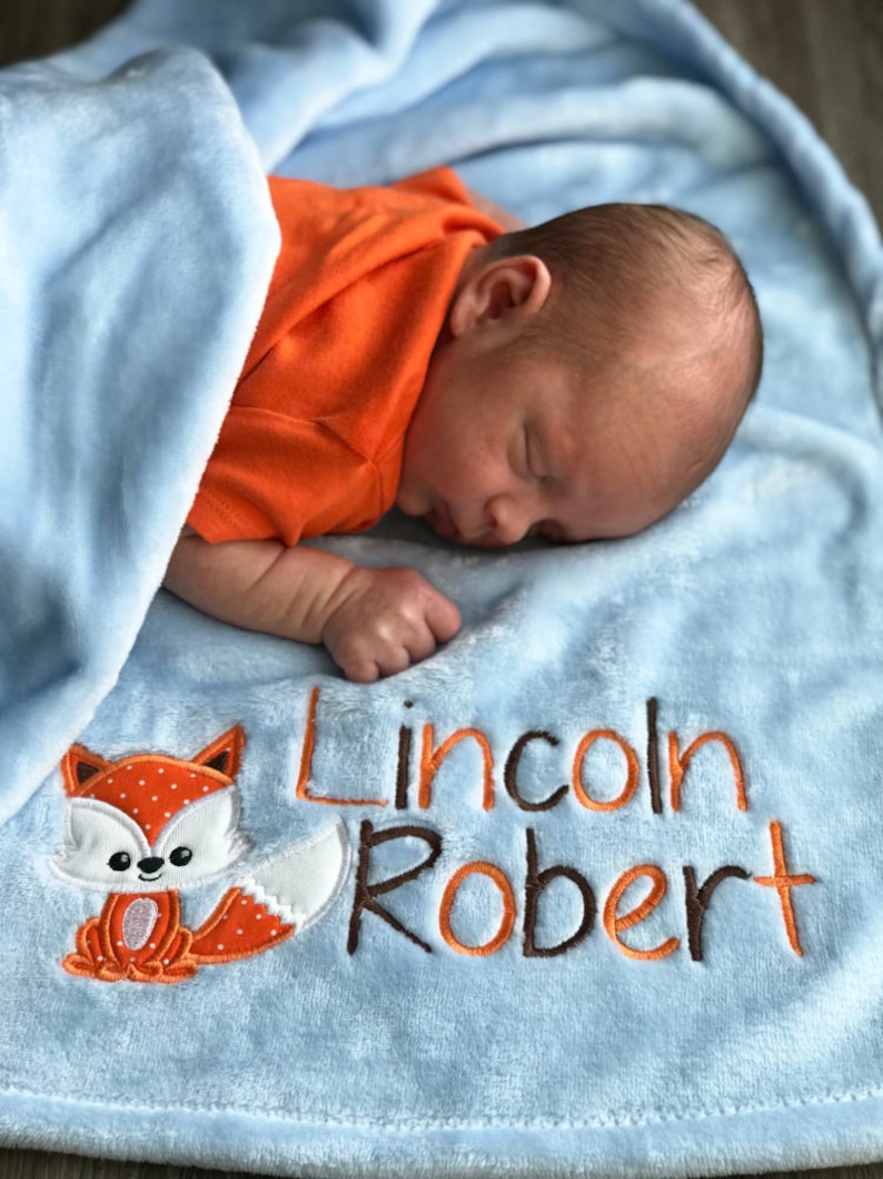 Woodland Baby Blanket Personalized, Fox Blanket Boy, Baby Blanket with Name, Embroidered Minky Baby Blanket, Baby Shower Gift Boy Blanket image 1