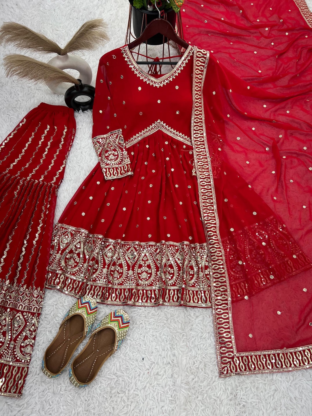 Red Sharara style Suit Semi-Stitched Suits