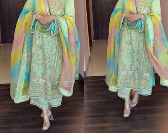 Pakistanischer Faden-Arbeitsanzug, Plazo-Set, indischer Anzug, Hochzeitskleidung, indische Kleidung, indisches Anzug-Set, Hochzeitsanzug, Plazo-Hosenanzug, Party-Anzug