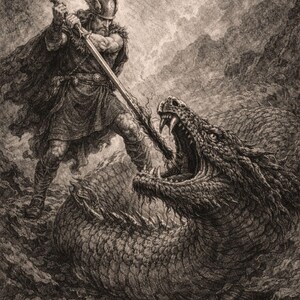 May include: A detailed black and white illustration depicts a warrior in a winged helmet, wielding a sword against a large serpent. The artwork showcases a dramatic battle scene with intricate details, evoking a sense of epic conflict and mythology.