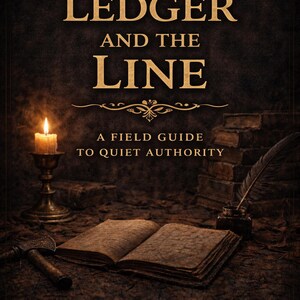 Op de afbeelding: Boekomslag met de titel "THE LEDGER AND THE LINE" in gouden letters. De omslag toont een brandende kaars, een open boek, een veer en de tekst "A FIELD GUIDE TO QUIET AUTHORITY" en "THE LAST SKALD".