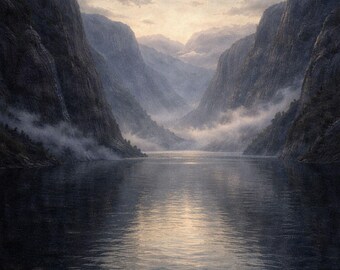 Utskrivbar väggkonst med tyst fjord | Nordisk landskapsolja | Minimalistisk nordisk bergsdekor | Atmosfärisk naturkonst