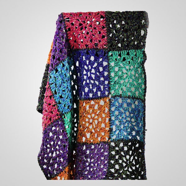Colorful 1970s Handmade Vintage Crochet Throw Blanket Cozy