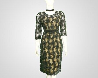 Vintage 1950s Peruna Emerald Lace Cocktail Dress, Elegant & Chic