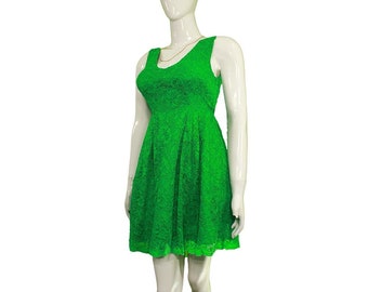 Swinging Sixties Vibe - Vintage Emerald Lace Sleeveless A-Line Dress, Perfect for Mods