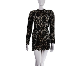Elegant Black Gold Lace Mini Dress, Long Sleeve Bodycon
