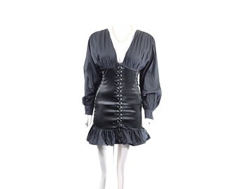 Chic B-Sharp Corset Style Satin Blouse w/ Ruffle Details - Sleek Noir Elegance