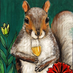 Squirrel Drinking Wine, Drinks Bar Art Funny Woodland Creatures Fine Art Print by Carol Iyer