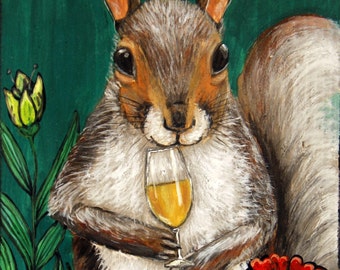 Squirrel Drinking Wine, Drinks Bar Art Funny Woodland Creatures Fine Art Print by Carol Iyer