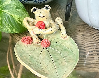 Handmade Ceramic Frog Trinket Dish, Red Roses, Whimsical Pottery Art