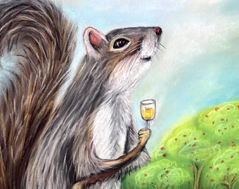 Cute Squirrel Drinking Wine Fine Art Print Whimsical Bar Art by Carol Iyer