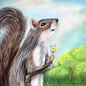 Squirrel Drinking Wine Art Print: Whimsical Bar Decor