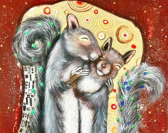 Whimsical Squirrel Art Print Squirrel Lover Gift Quirky Funny The Squirrels Kiss Gustav Klimt inspired Wall Decor Painting