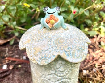 Handmade Ceramic Frog Jar Mint Green Lace Impression Whimsical Frog Pottery by Carol Iyer