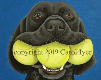 Black Labrador Dog Three Tennis Balls Fine Art Print Black Lab Art by Carol Iyer