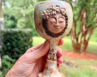 Handmade Ceramic Wine Glass or Chalice with Face and Owl Artisan Pottery