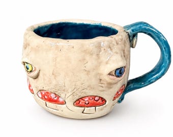 Handmade Ceramic Eyeball Coffee Mug or Tea Cup, Weird Fairy Mushroom Ring Pottery