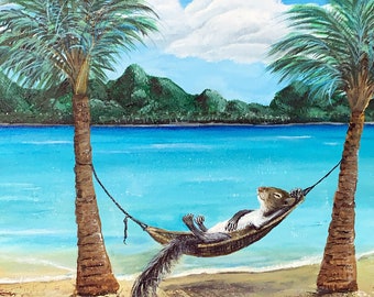Chillaxin' Squirrel Art Print: Whimsical Beach Decor