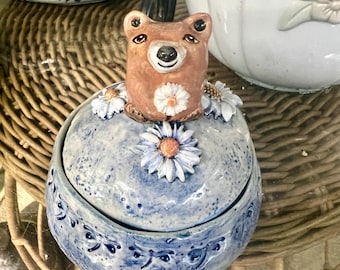 Handmade Ceramic Bear Dish – Lidded Salt Pot, Blue Woodland Design
