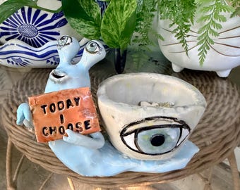 Handmade Ceramic Desk Snail with Snarky Interchangeable Sayings- Whimsical Pottery
