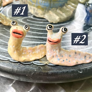 Handmade OAK Whimsical Miniature Happy Slug Figurine Ceramic Slug Quirky Art Pottery Magic Snails