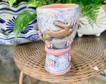 Handmade Ceramic Artisan Wine Glass or Chalice with Floral Rabbits Design