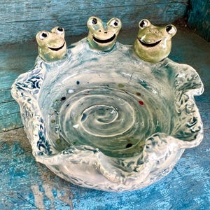 Handmade Ceramic Frog Trinket Dish Bowl or Chamberstick Frog Pottery by Carol Iyer
