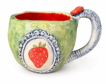 Handmade Ceramic Strawberry Coffee Mug or Tea Cup, Whimsical Strawberry Pottery