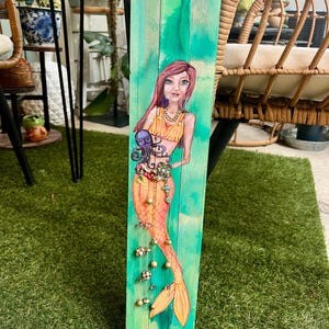 Original Handmade Mixed Media Mermaid Painting on Wood Whimsical Coastal Mermaid Art