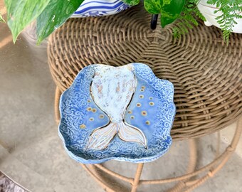 Handmade Ceramic Mermaid Tail Trinket Dish - Whimsical Coastal Pottery