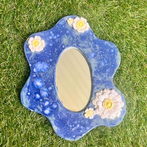 OAK Handmade Small Ceramic Mirror Blue with White Flower Pottery