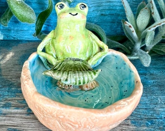 OAK Whimsical Handmade Ceramic Frog Trinket Dish Bowl Cottagecore Pottery Frog Art