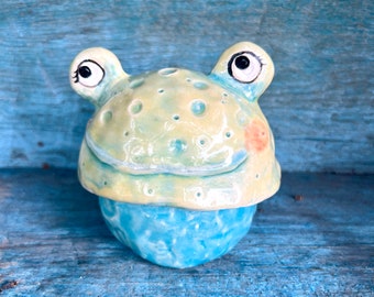 Hand Built Ceramic Frog Jar Whimsical Frog Pottery by Carol Iyer