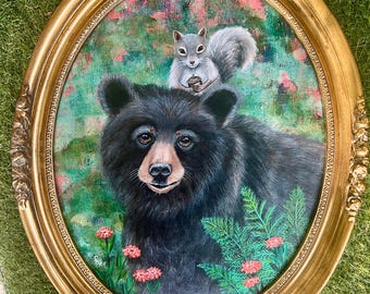 Original Hand-Painted Bear and Squirrel Woodland Painting, Whimsical Woodland Art by Carol Iyer
