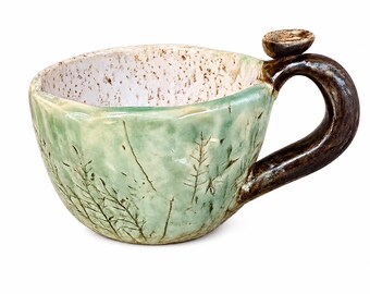 Hand Formed Ceramic Coffee Mug or Tea Cup, Rustic Plant Impressed Nature Pottery