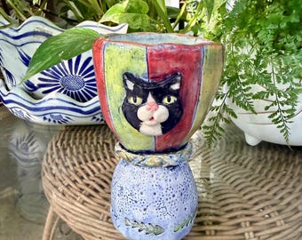 Handmade Ceramic Wine Glass or Chalice with Circus Tuxedo Cat Design