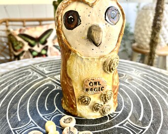 Handmade Ceramic Magic Owl: Fortune Telling Pottery with Stones