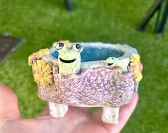 Handmade Ceramic Chunky Frog and Flowers with Snake Trinket Dish, Cottagecore Pottery