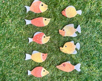 Handmade Ceramic Fish Tiles for Mosaics, Set of 9 Yellow and Orange