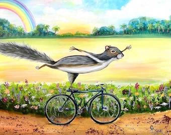 Squirrel on Bike Art Print: Whimsical Animal Wall Decor